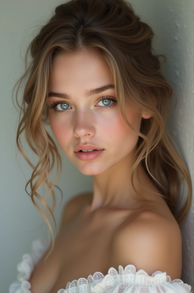 A beautiful detailed woman, sensual facial features, detailed eyes, detailed lips, longeyelashes, realistic skin, subtle nudity, natural lighting, cinematic composition, cinematic lighting, soft colors, warm tones, natural environment, beautiful background, masterpiece, high quality, photorealistic, hyperrealistic