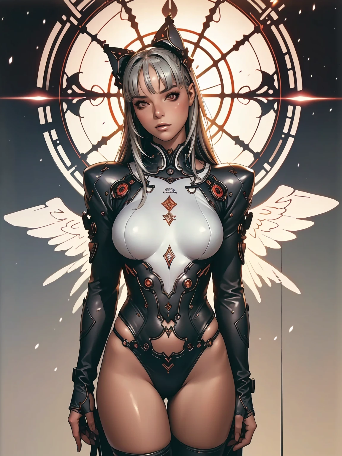 Cyber Angel Sunset,Window Stained with Blooming Mechanical Wings,laser sword,{{sfアーマー}},cyber suit,cyber punk,sf,Cyber Battle Armor,battle dress,'s uniform,pants,'s uniform pretoe,all-body,Height: 168cm,almond forma eyes,{{{{{silver eyes}}}}},{{{{{Blunt bangs}}}}},(tilted eyes},{{sexy all-body butt crack},{{{1 girl}}}, long hair, slickedback hair,{{{{silver hair}}}},{{{Tsurime}}},30 years old,{middle of the chest},{{shrub}},silver eyes,{{{work of art}}}, {{{highest quallity}}}, {{very detailledな}}, {forma}, {{Very delicate and beautiful}},very detailled,Detailed Perfection,hyper detailled,Plump Thighs,big-ass,black clothing, standing in front of the stained glass, dramatic sunset lighting, intrikate details, hyper realist, (best qualityer,ultra high resolution,work of art:1.2),ultra detali,(ultra realistic,photorrealistic profissional,photorrealistic:1.37),cinematic lighting,warm colours,volumetric lighting,beautiful detailed eyes,beautiful detailed lips,extreme detailed face,long eyelashes,(intrikate,ornated:1.2),chic,sophisticated,temperamental atmosphere,atmospheric, full body view, highy detailed, ultra-realistic, details Intricate, ((work of art,best qualityer)), ((cinematic light)), hyperrealisti, frightful, ダークファンタジー , detailed armor, capacete detalhado, realistic epic, missing, ((Neutral Colors)), (HDR:1.5), (subdued colors:1.2), hyper detailled, (Art Station:1.5), warm lights, Efeito de Luz, Dramatic light, (details Intricate:1.1), complex background, (Greg Rutkowski:0.8), (teal and orange:0.4), (Snow-Cold Whirlwind Lightning),(insano irrealengine5,epic masterpiece,max best qualityer, ultra-high definition XT3 ultra-high resolution),ultra detali,ultra sharp focus, Varia,multi, etc.. --v 6 --s 1000 --c 20 --q 500 --chaos 100