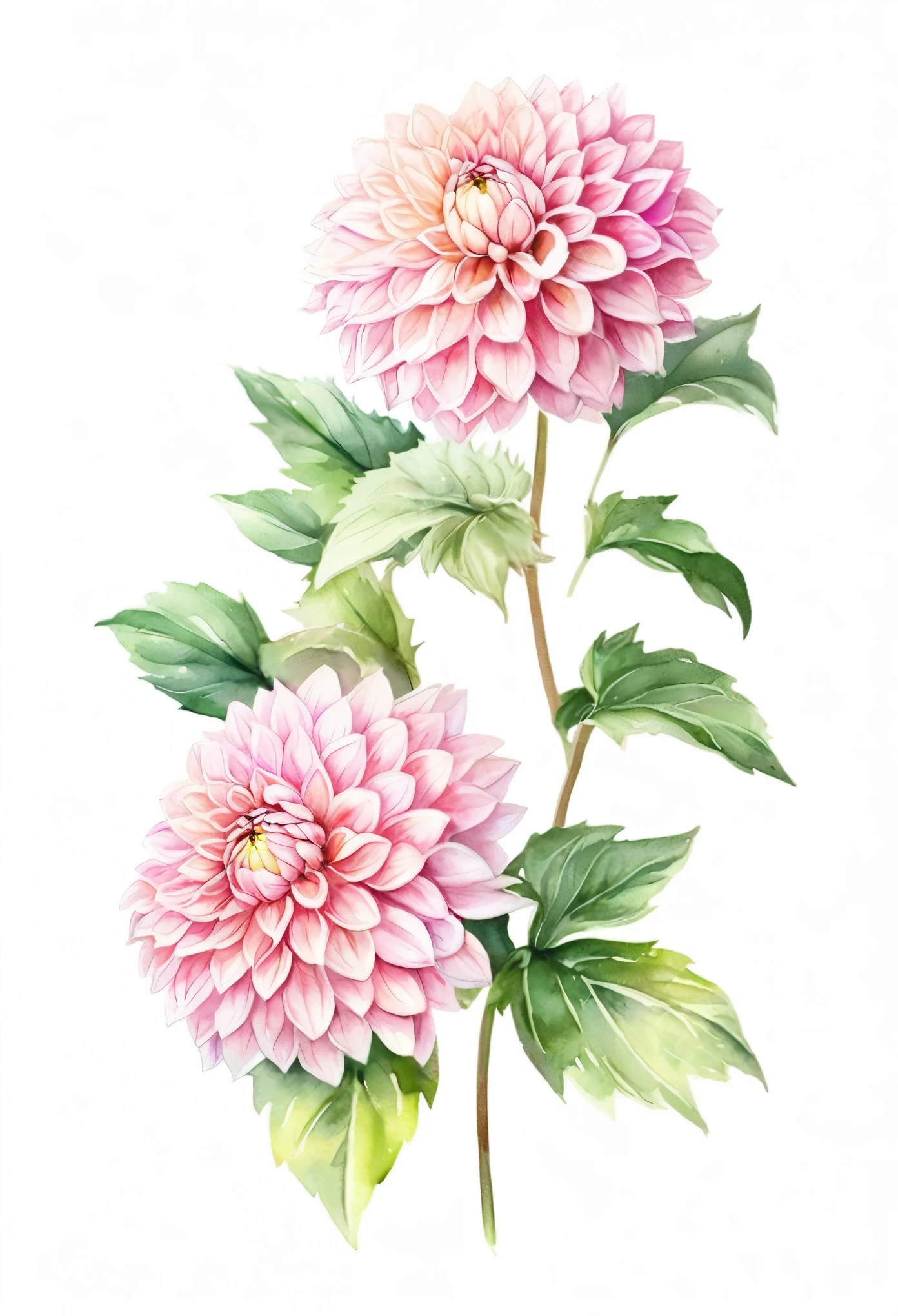 watercolor illustration of spring pink Dahlia flower, isolated white background, vintage oil paint style