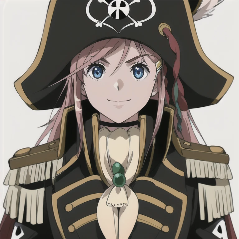 masterpiece, best quality, 1girl, detailed face and eyes, big breasts, cleavage, Katou Marika, (black pirate costume), long coat, belt, (black pirate hat), looking at the viewer, facing the viewer, (light smile),  (simple white background)