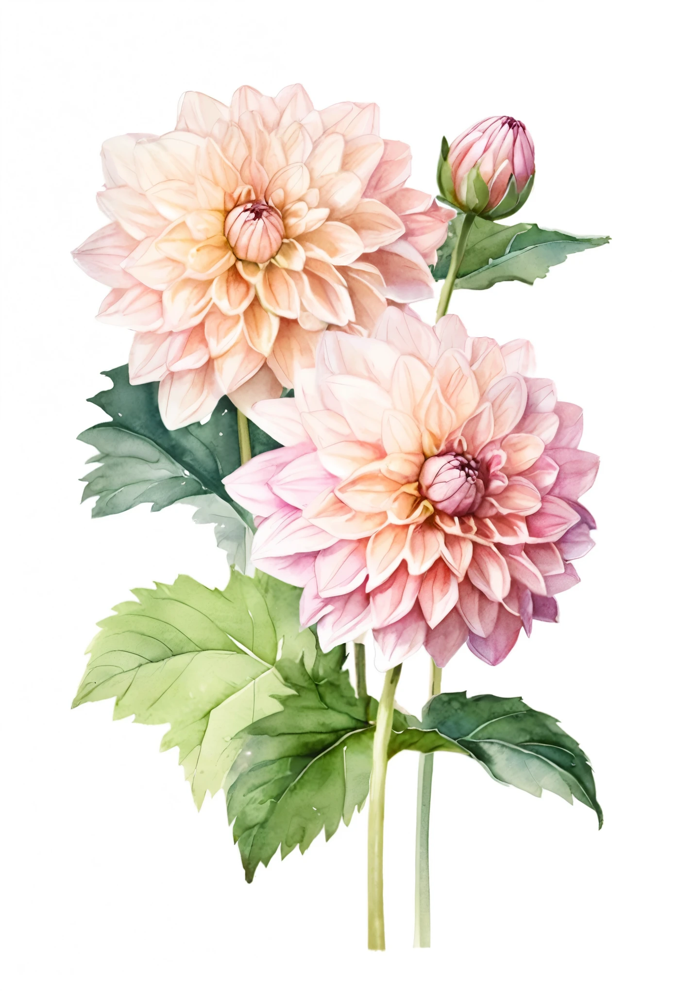 watercolor illustration of spring pink Dahlia flower, isolated white background, vintage oil paint style