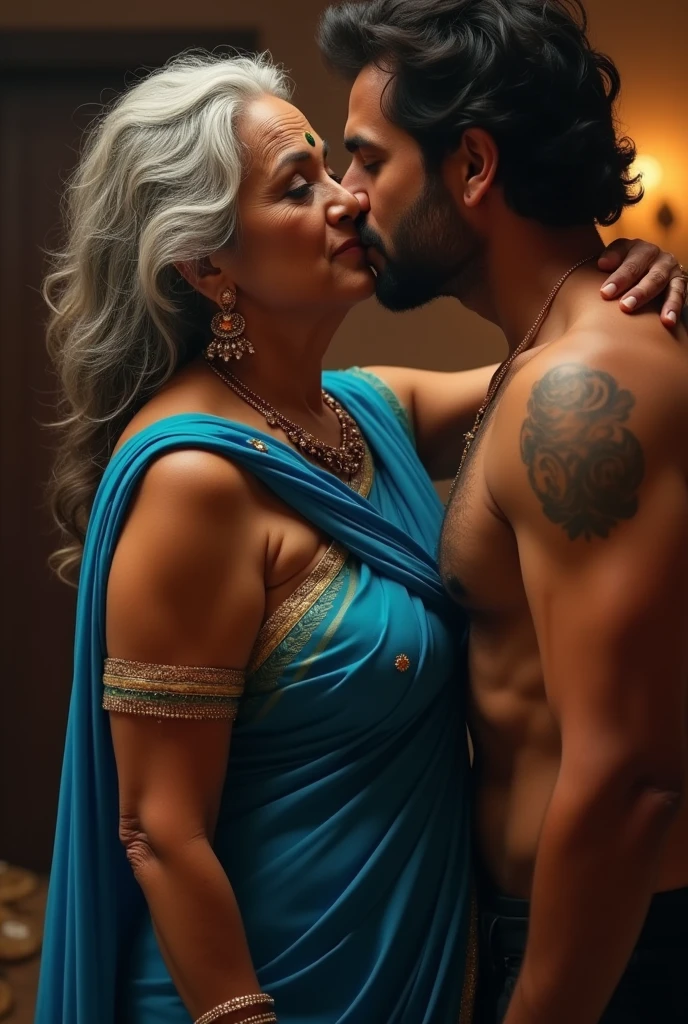 ,Nsfw,A Indian old man and girl in the water fall stone, standing pose, detailed, Indian Oldman, beautiful girl, couple pose, realistic, high quality, couples, romantic waist gripping pose, Indian actress, subtle smile, curvy, swooping breasts, saree, couples pose, big cheeks,deep cleavage,blue saree,sexy girl, kajal,black Old man, detailed, Indian actress,french braid hair, necklace, sultry, seductive eyes, look at viewer and smile, (cinematic:1.3),