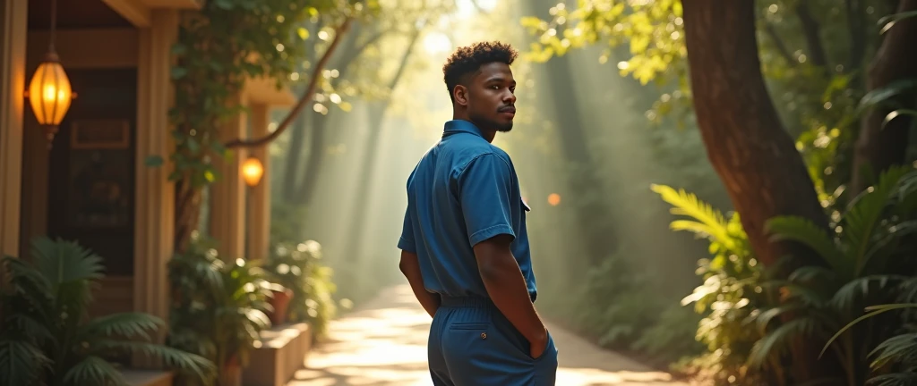 A grunge-clad young man with a stocky build and beach waves hair, dressed in a blue auto mechanic uniform, stands on a sunlit path in a fantasy world, surrounded by green trees. Shot in the style of Terrence Malick, with a muted color palette and shallow depth of field, the image features strong backlight, decorative lighting, and recessed lighting. The subject looks back with a slight twist, hand on hip, as soft light casts a warm glow on his brown skin, illuminated by a mix of natural and artificial light sources, including a warm key light at a 45-degree angle, and a cool backlight rimming his hair. The scene is framed with a shallow focus, capturing the subject in crisp detail, while the blurred background creates a sense of depth, with a subtle film grain and color grading reminiscent of 35mm film, shot on a Fujifilm GFX 100 with a GF 110mm f-2 R LM WR lens.