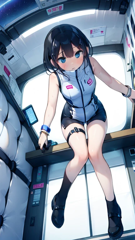 (Highest quality), (masterpiece), 1080P, High resolution, 4K, 8k, Inside the space station、Futuristic room、Thigh straps, Shooting from directly below, The woman on top of me, 白いSweat, Covered , Sweat, Woman looking down, Skirt swimsuit, Thigh-high socks, To achieve this, , , whole body, Black leather shoes, Braided hair, Inner Color, Embarrassed face, Short black hair, bracelet, Bedroom,celestial body_Vest
