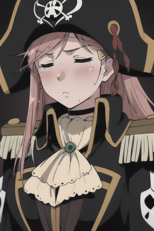 masterpiece, best quality, 1girl, detailed face and eyes, big breasts, cleavage, Katou Marika, (black pirate costume), long coat, belt, (black pirate hat), looking at the viewer, facing the viewer, (aroused facial expression), closed eyes, parted lips, blush, sweat, (simple dark background)