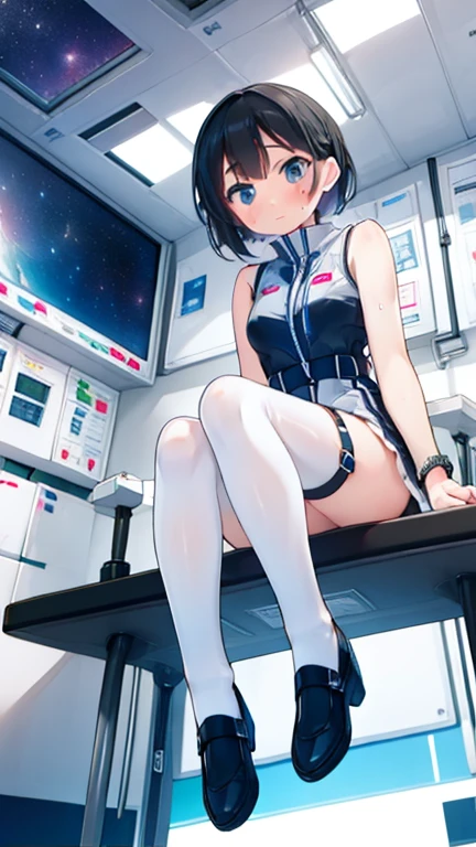(Highest quality), (masterpiece), 1080P, High resolution, 4K, 8k, Inside the space station、Futuristic room、Thigh straps, Shooting from directly below, The woman on top of me, Nipples, 白いSweat, Covered , Sweat, Woman looking down, Skirt swimsuit, Thigh-high socks, To achieve this, 16 years old, , whole body, Black leather shoes, Braided hair, Inner Color, Embarrassed face, Short black hair, bracelet, Bedroom,celestial body_Vest