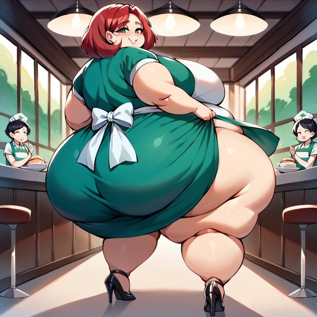 masterpiece, best quality, super detail, 4k, 1girl, anime girl, milf, (female ssbbw, covered modestly, modestly dressed,waering green waitress uniform, wearing apron:1.1), bbw, face clearly visible, wide ssbbw, massive belly, long red hair down to floor, large breasts:2.0,, hanging belly, high heels, extremely wide hips:2.0, massive thighs:2.0, massive calves, malicious smile, aroused, (getting turned on, standing,  wandering in a post apocalypse forest, eyes open, facing me, eyes very well defined (high priority), pupils very well defined(High priority)),(Face close to viewpoint) , Image in anime style, add detail, Background:(restaurant), ass takes pov, high detail eyes, high detail pupils