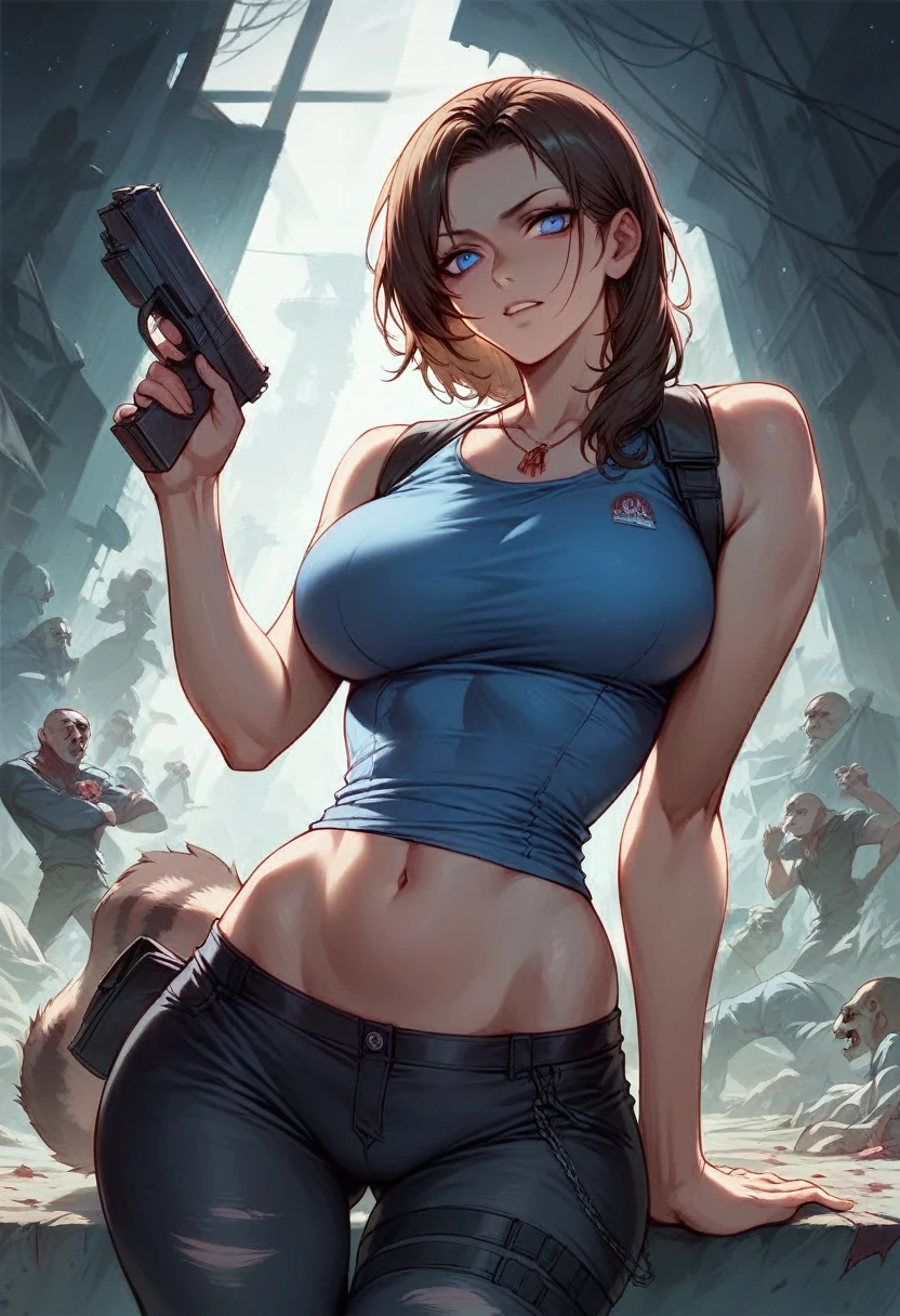 1 girl, dose de cowboy de zotovalentine,zombie-apocalypse,perfect tummy,Waist slender,Broad Hips,holding a pistol,blue top,black pants, Athletic,Raccoon City,Resident Evil, Dead rising,Raby, volumetric lighting, best qualityer, work of art, details Intricate, tone mapping, sharp focus, hyper detailled, trends on ArtStation, realisitic,