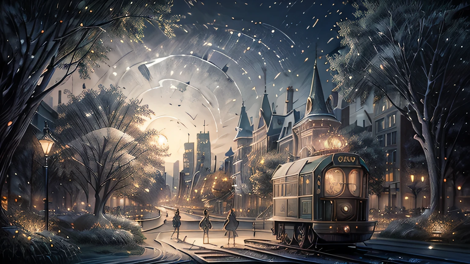 Charming summer night in the city. Crossing the tracks,View of the large park behind the white park fence. many lights, wreath, music, people. The lake in the distance sparkles in the moonlight.A square in a maze of streets. Cars fly by like fireflies