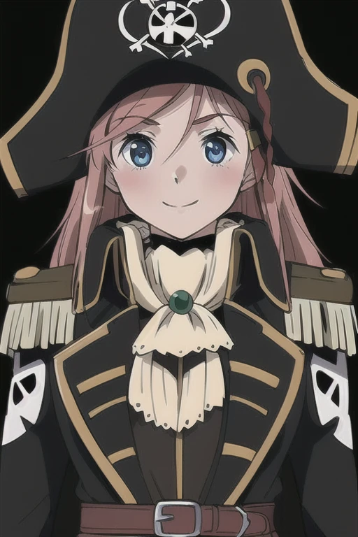 masterpiece, best quality, 1girl, detailed face and eyes, big breasts, cleavage, Katou Marika, (black pirate costume), long coat, belt, (black pirate hat), looking at the viewer, facing the viewer, (smile), blush, (simple dark background),