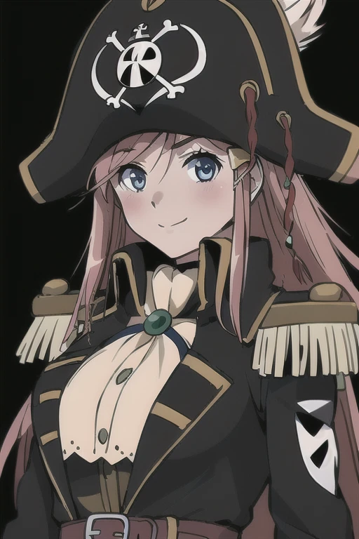 masterpiece, best quality, 1girl, detailed face and eyes, big breasts, cleavage, Katou Marika, (black pirate costume), long coat, belt, (black cargo pants), (black pirate hat), looking at the viewer, facing the viewer, (smile), blush, (simple dark background),