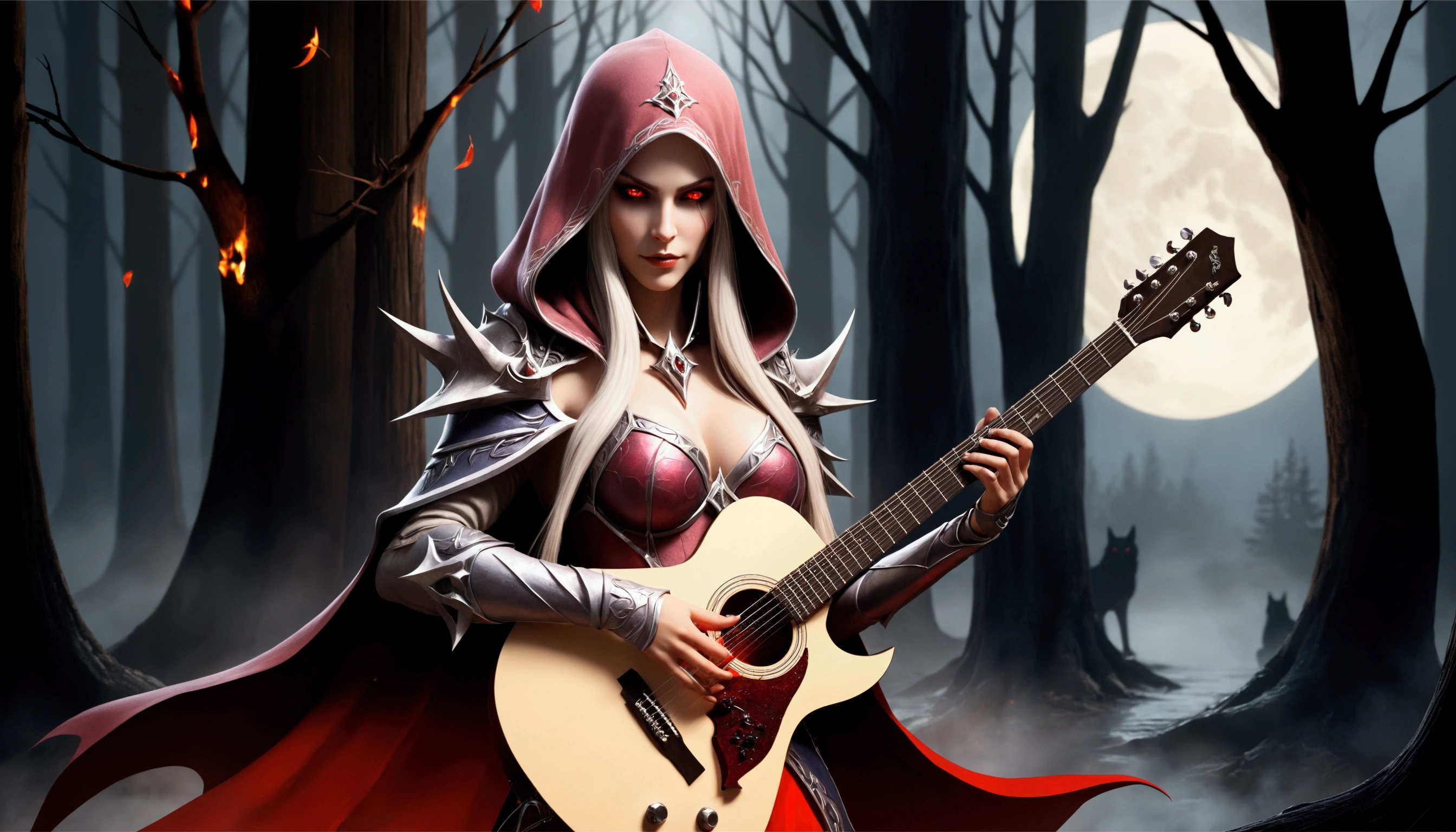 sylvanas windrunner, the legendary leader of the Renegades, sits on a dark wooden throne, surrounded by an aura of mystery and magic. in her hands, ela segura umthe guitar vermelha vibrante, its strings seemingly pulsing with supernatural energy. Os olhos dela, burning with supernatural intensity, look directly at the viewer, as if challenging them to come closer. Their long, white hair falls over the shoulders, framing her pale, ethereal face. Her lips, painted deep red, curves into an enigmatic smile, as if she kept secrets that only she knew. the guitar, that seems to have been created by magical hands, emits an intense red light that illuminates the environment around it. The strings vibrate with an energy that seems almost palpable, as if they were alive and responding to Sylvanas&#39; touch. No fundo, a dark and mysterious mist spreads, as if the night itself was closing in around Sylvanas. The atmosphere is charged with tension and anticipation, like something is about to happen. The image is a mixture of shadows and light, of mystery and magic, capturing the essence of sylvanas windrunner as an enigmatic and powerful creature. a woman in red with a guitar in a forest, HD epic fantasy art style, 4k fantasy artwork, beautiful sorceress, sylvanas windrunner, Detailed Artgerm, background art, a beautiful sorceress, evil sorceress, detailed cover art, dark sorceress, black elf princess, 1girl, bare tree, breasts, cape, cleavage, Electric guitar, forest, full moon, glowing eyes, guitar, holding instrument, hood, instrument, long hair, moon, moonlight, nature, night, night sky, playing instrument, red eyes, 独奏, tree 