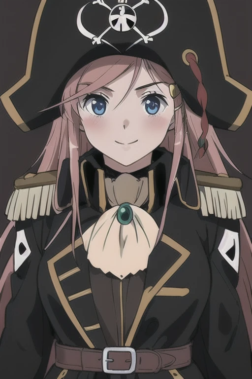 masterpiece, best quality, 1girl, detailed face and eyes, big breasts, cleavage, Katou Marika, (black pirate costume), long coat, belt, (black cargo pants), (black pirate hat), looking at the viewer, facing the viewer, (smile), blush, (simple dark background),