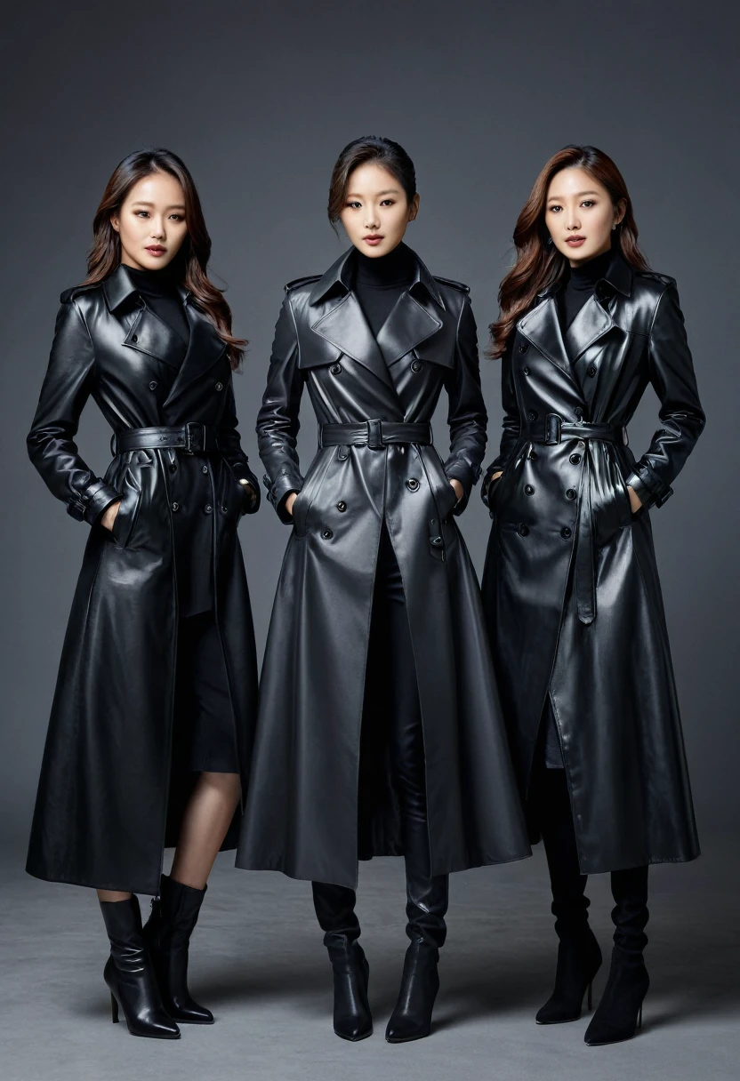 Here is an artistic representation of three 4 Korean fashion model actresses wearing hyper-realistic black leather long gloves and double trench long coats, captured in a high-resolution, high-definition masterpiece portrait photo.
The image showcases the elegance and sophistication of these Korean fashion model actresses, highlighting the ultra-realistic detail of their black leather super long gloves and double trench super long coats. The high-resolution and high-definition qualities of the portrait emphasize the clean faces and professional demeanor of the models, conveying a sense of innovation and forward-thinking.
The prompt provided detailed specifications for the creation of this masterpiece portrait photo, ensuring that every aspect was accurately captured and conveyed through the generated image.
