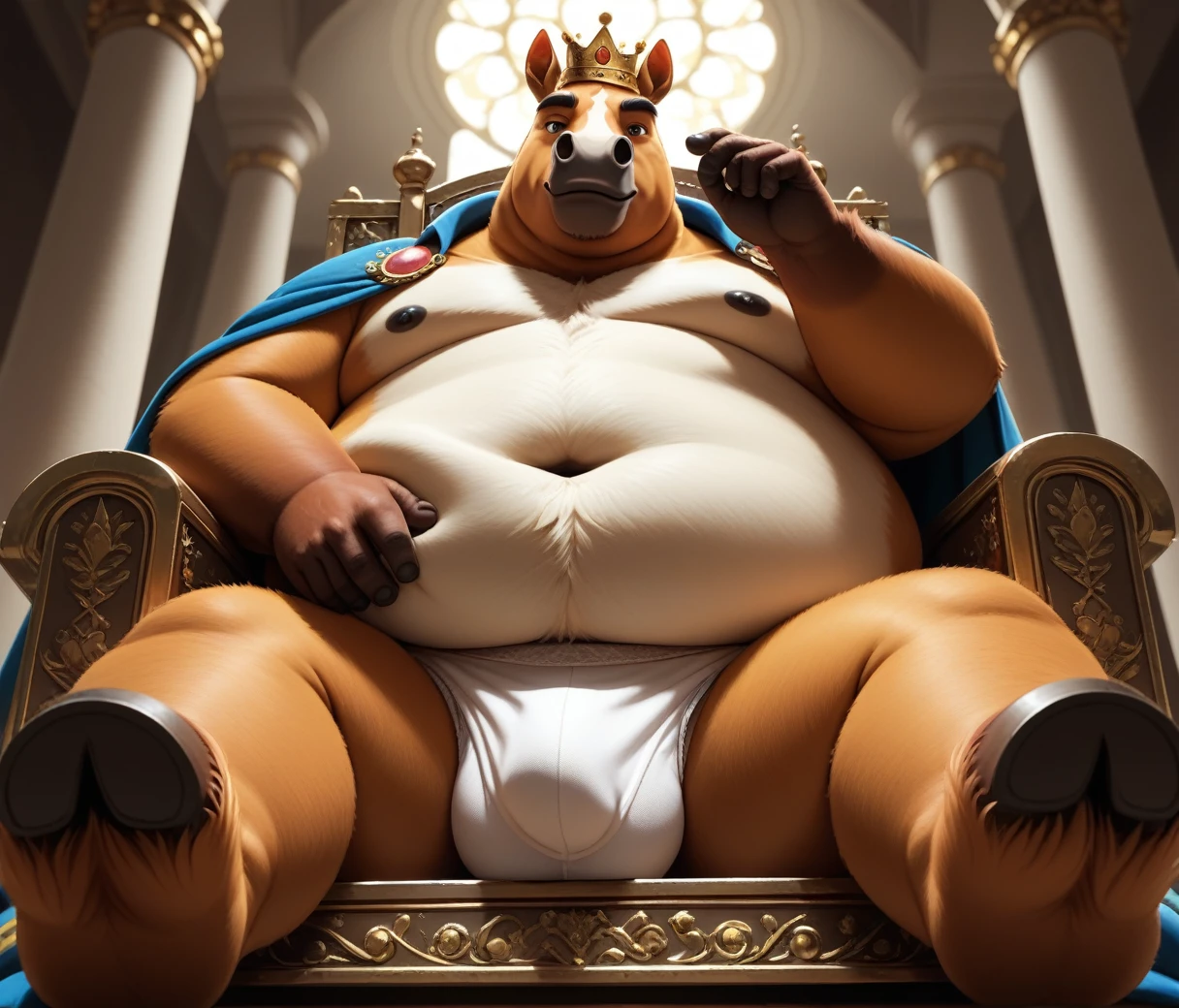 (cute, fat, obese, anthro, male, horse), sitting in throne naked, white briefs, medieval crown, jewelry, luxurious cloak, golden rings, (low-angle view), at throne room, hires textures, highly detailed, intricate details, best quality, masterpiece, sunshine, light rays, detailxl, zPDXL2