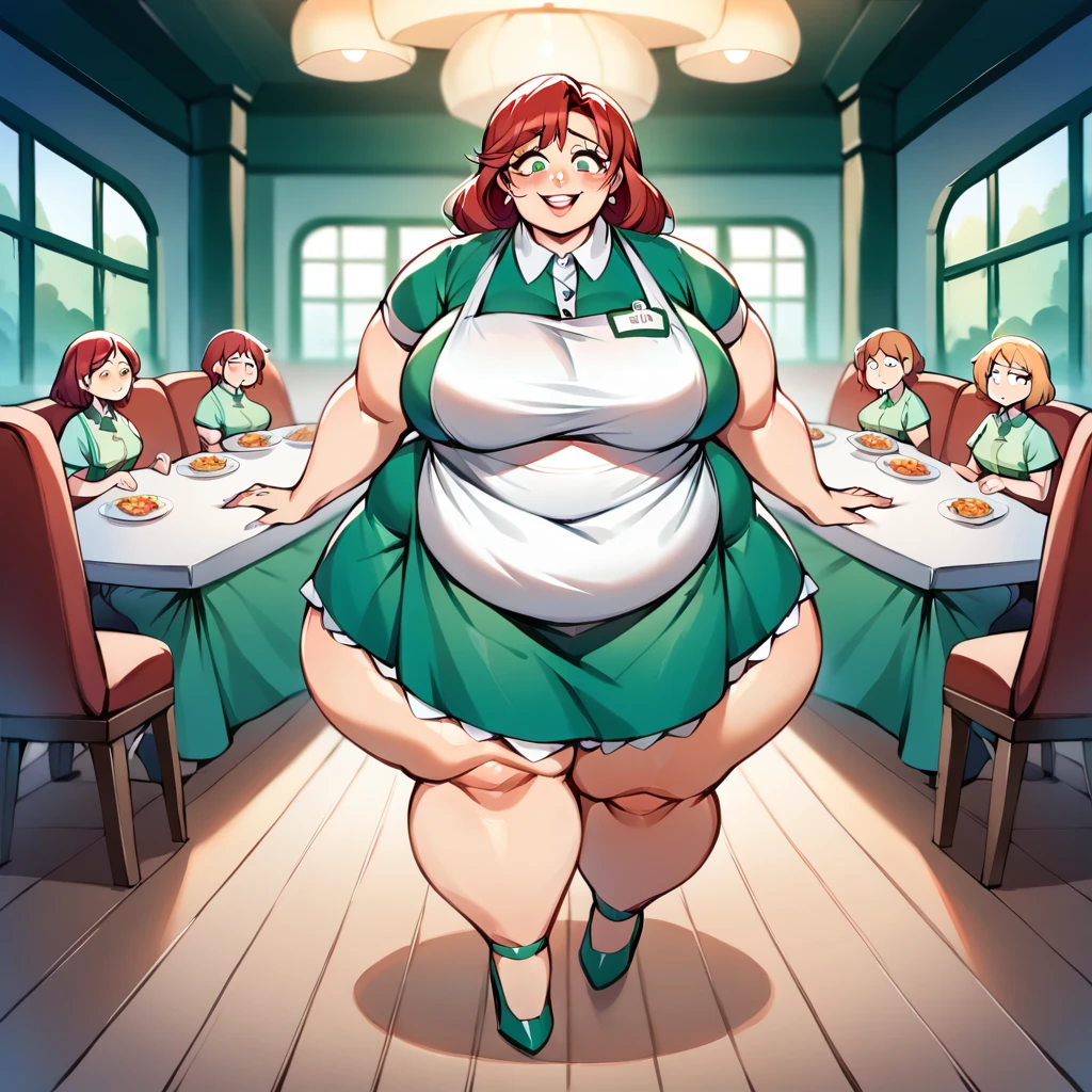 masterpiece, best quality, super detail, 4k, 1girl, anime girl, milf, (female ssbbw, covered modestly, modestly dressed,waering green waitress uniform, wearing apron:1.1), bbw, face clearly visible, wide ssbbw, massive belly, long red hair down to floor, large breasts:2.0,, hanging belly, high heels, extremely wide hips:2.0, massive thighs:2.0, massive calves, malicious smile, aroused, (getting turned on, standing,  wandering in a post apocalypse forest, eyes open, facing me, eyes very well defined (high priority), pupils very well defined(High priority)),(Face close to viewpoint) , Image in anime style, add detail, Background:(restaurant), face takes pov, high detail eyes, high detail pupils, wide eyes