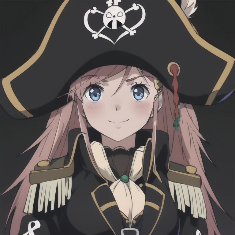 masterpiece, best quality, 1girl, detailed face and eyes, big breasts, cleavage, Katou Marika, (black pirate costume), long coat, belt, (black cargo pants), (black pirate hat), looking at the viewer, facing the viewer, (smile), blush, (simple dark background),