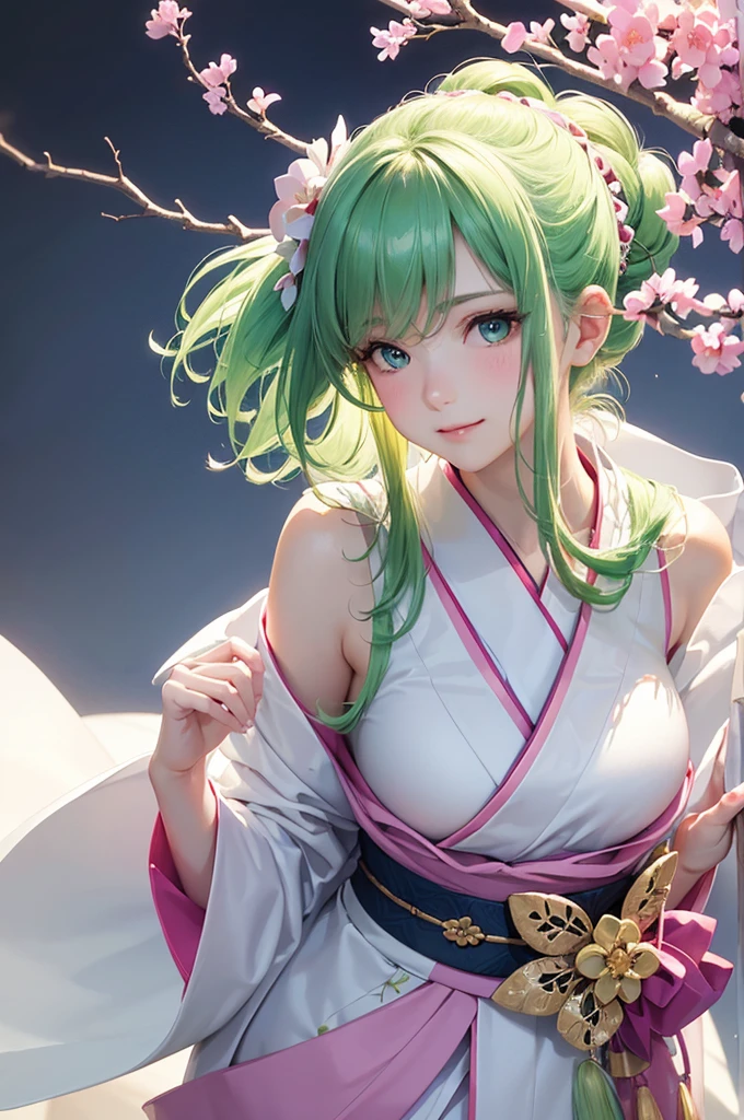 A beautiful girl with long flowing green hair, vibrant blue eyes, and a warm, cheerful expression, wearing a bright pink kimono with floral patterns, standing in a lush, verdant garden filled with blooming flowers and butterflies, (best quality,4k,8k,highres,masterpiece:1.2),ultra-detailed,(realistic,photorealistic,photo-realistic:1.37),digital art, highly detailed, intricate, vibrant colors, natural lighting, soft focus, cinematic composition