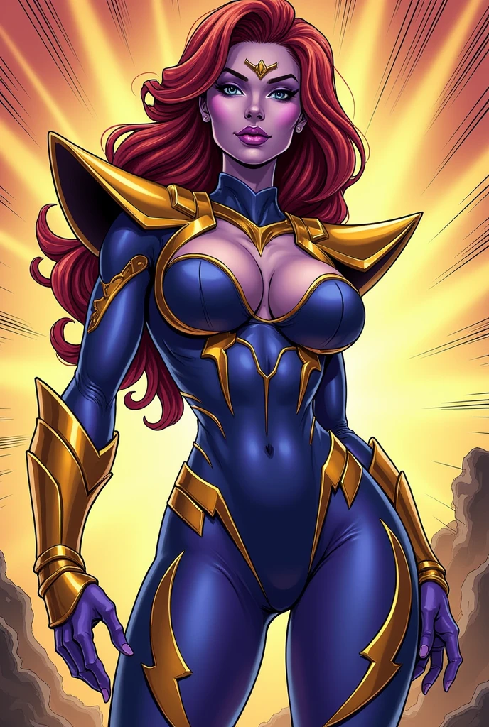 Xmen Mystique,(Raven Darkholm) orange hair,blue skin,gold eyes,Close up of breasts, black leather bikini, tropical waterfall location, smile