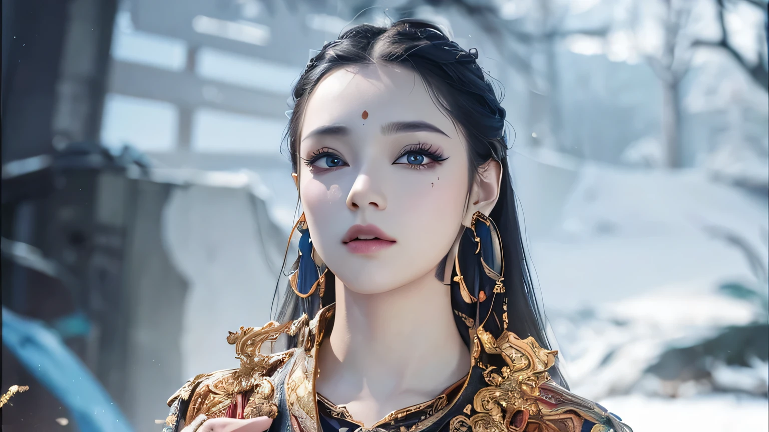 ((masterpiece)), ((best quality)), ((highres)), ((detailed background)), ((extremely detailed CG unity 8k wallpaper)), solo,((potrait)), black hair, (blue makeup), Chinese dress, golden hoops earing, looking at viewer, 