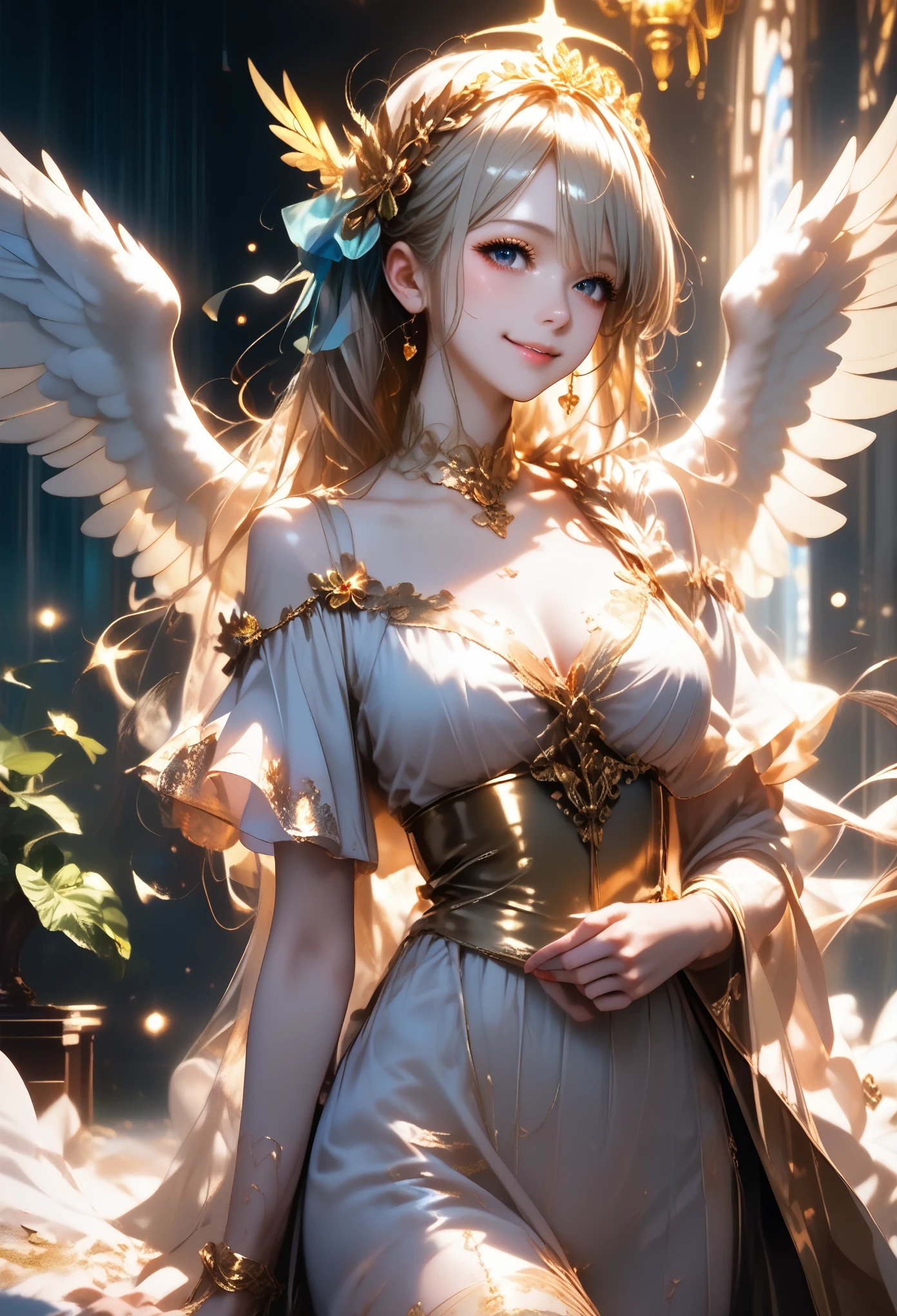 anime girl, very beautiful, Ideal Anatomy, Long Hair Straight Very Long Hair, small, Light big eyes, A Bright Personality, Nice Makeup, Angel Wings, Wings Glitter With Gold Dust, Beautiful View of Clouds, The Sun is Shining, the forest, walk, smile, joy, Soft and Pleasant Colors, clear detail, A game of shadows, Foliage on Earth, Clear Masterpiece,score_9, score_8_up, score_7_up, dramatic lighting, highly detailed, high budget, bokeh, cinemascope, moody, epic, gorgeous, film grain, grainy, masterpiece, best quality, perfect anatomy, very aesthetic, official art, 8k, Shine, magic of painting, Nice Colors Shadows, pfstyle, fantasy,