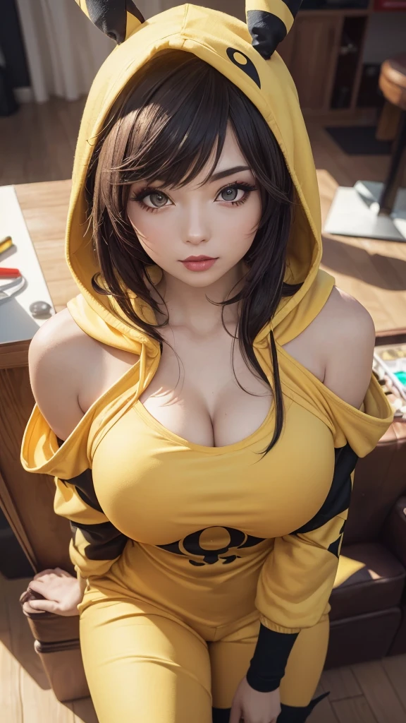 ((high detailed, best quality, 4k, masterpiece, hd:1.3)), ((best quality)), (((HD))), (((8k))), (ultraDH), (ultra HD), araffe in a yellow costume with a hoodie on, long black scene emo hair, anime girl cosplay, 🐿🍸🍋, anime cosplay, anime girl in real life, full-cosplay, Julzzess, ig model | JULES, better known as Julzzess, professional cosplay, cosplay, pikachu as a human, (breast focus), (arms outstreched:1.2), (from above:1.3), (breasts out:1.3), (off shoulder:1.1), (goth makeup), (perfect hands, perfect anatomy)