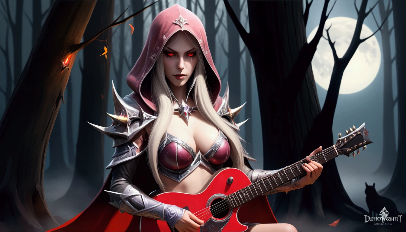 sylvanas windrunner, the legendary leader of the Renegades, sits on a dark wooden throne, surrounded by an aura of mystery and magic. in her hands, ela segura umthe guitar vermelha vibrante, its strings seemingly pulsing with supernatural energy. Os olhos dela, burning with supernatural intensity, look directly at the viewer, as if challenging them to come closer. Their long, white hair falls over the shoulders, framing her pale, ethereal face. Her lips, painted deep red, curves into an enigmatic smile, as if she kept secrets that only she knew. the guitar, that seems to have been created by magical hands, emits an intense red light that illuminates the environment around it. The strings vibrate with an energy that seems almost palpable, as if they were alive and responding to Sylvanas&#39; touch. No fundo, a dark and mysterious mist spreads, as if the night itself was closing in around Sylvanas. The atmosphere is charged with tension and anticipation, like something is about to happen. The image is a mixture of shadows and light, of mystery and magic, capturing the essence of sylvanas windrunner as an enigmatic and powerful creature. a woman in red with a guitar in a forest, HD epic fantasy art style, 4k fantasy artwork, beautiful sorceress, sylvanas windrunner, Detailed Artgerm, background art, a beautiful sorceress, evil sorceress, detailed cover art, dark sorceress, black elf princess, 1girl, bare tree, breasts, cape, cleavage, Electric guitar, forest, full moon, glowing eyes, guitar, holding instrument, hood, instrument, long hair, moon, moonlight, nature, night, night sky, playing instrument, red eyes, 独奏, tree 