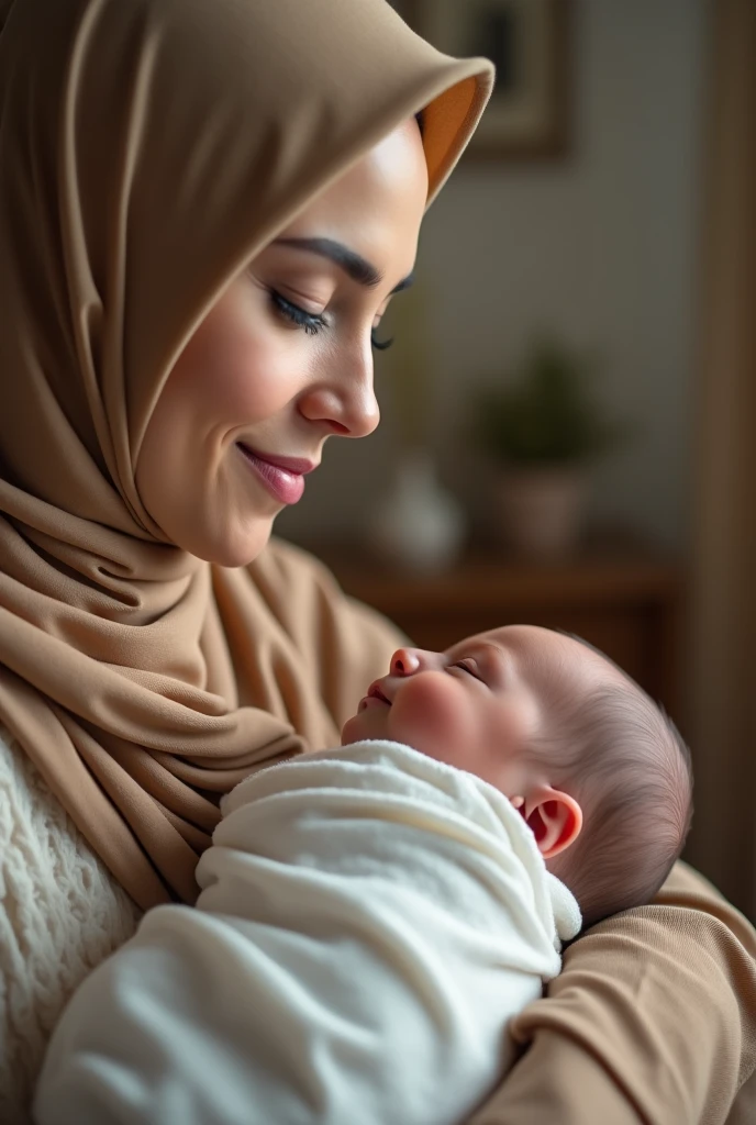 woman wearing hijab, cute face, still young, full body, slim, pink nipples, biggest breasts breastfeeding husband