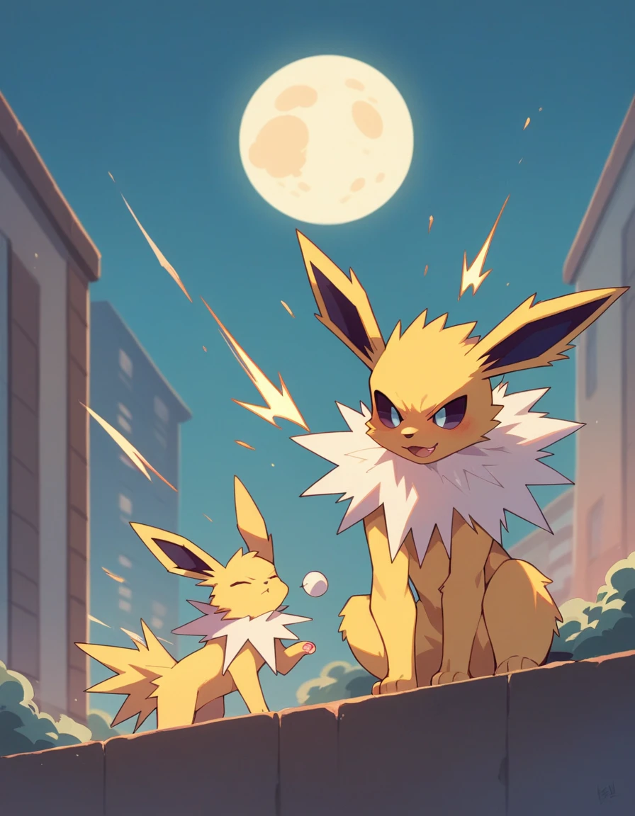 One Jolteon is distingue over pokemon center building, is surrounded by electric sparks. In the night with full moon