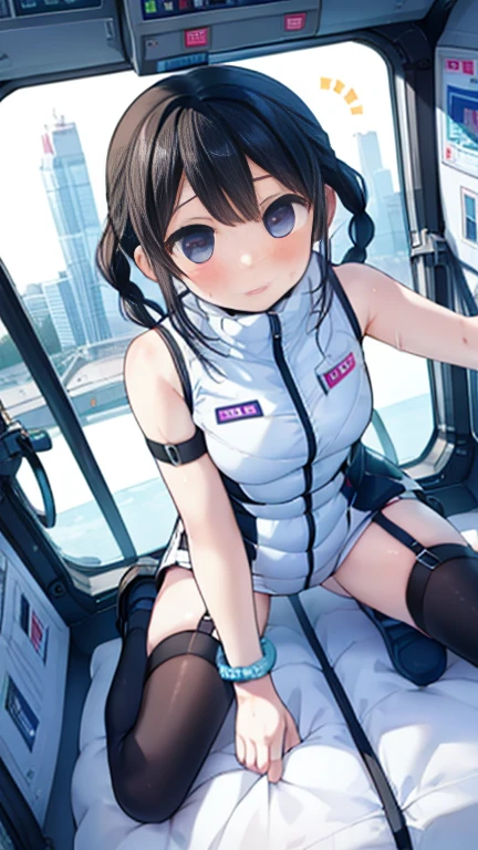 (Highest quality), (masterpiece), 1080P, High resolution, 4K, 8k, Inside the space station、Futuristic room、Thigh straps, Shooting from directly below, The woman on top of me, Nipples, 白いSweat, Covered , Sweat, Woman looking down, Skirt swimsuit, Thigh-high socks, To achieve this, 16 years old, , whole body, Black leather shoes, Braided hair, Inner Color, Embarrassed face, Short black hair, bracelet, Bedroom,celestial body_Vest