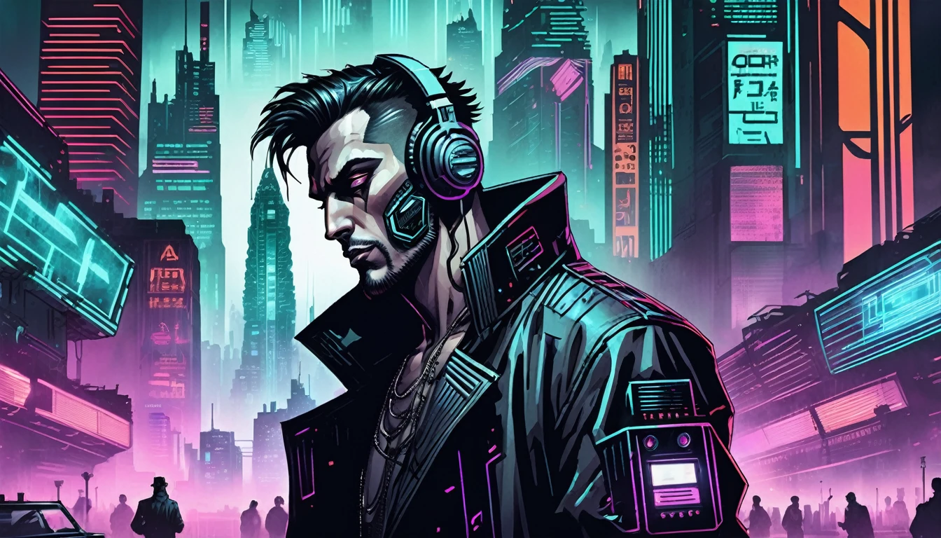 An old-school CD cover with a cyberpunk aesthetic. It shows a person with a futuristic and dark look., listening to an old radio. The background is a dystopian city, with neon skyscrapers and gray fog. The title &#39;Lost Frequency&#39; is in shiny, retro-futuristic letters at the top, with neon accents and radio distortion effects.