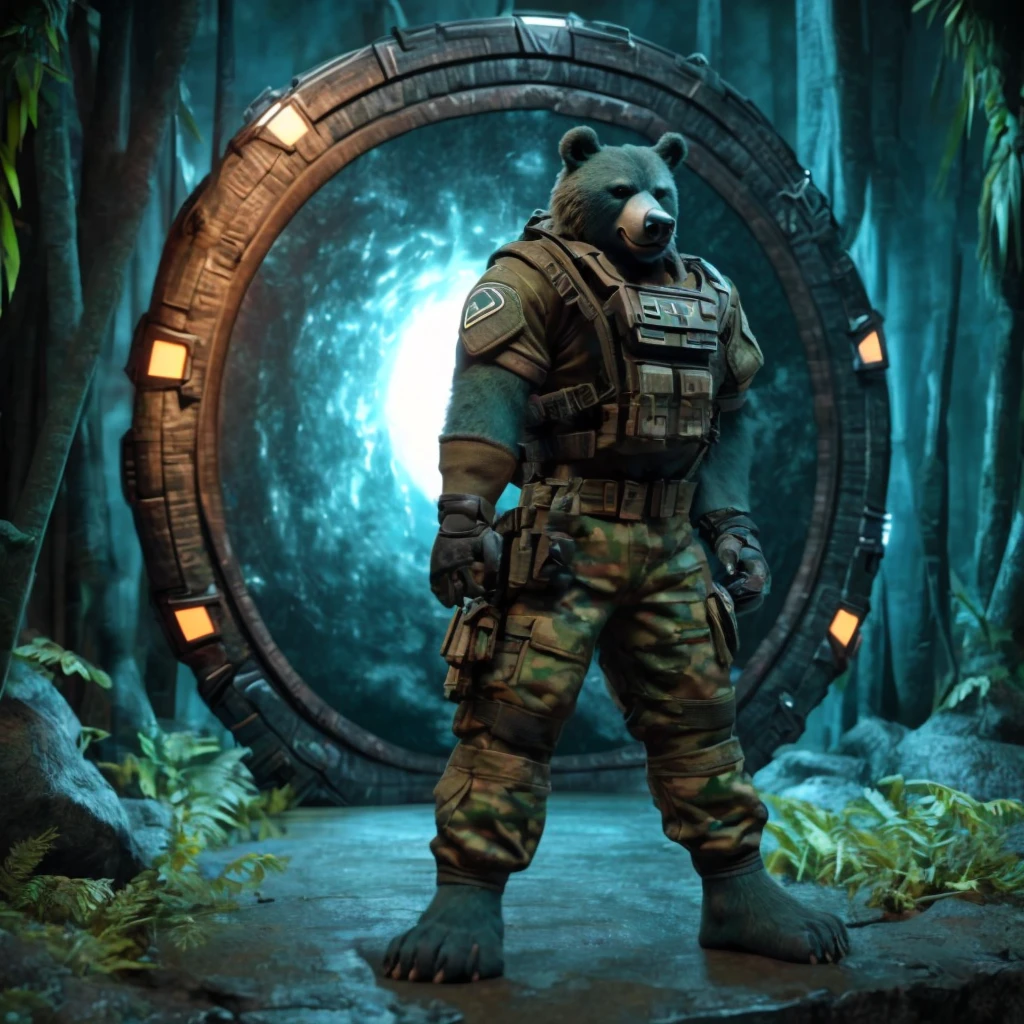 (((Barefoot furry character, cinematic setting, furry male, plantigrade))) 
side view on (((shiquanjie, furry, blue bear))) dressed as (((taskforce soldier))), (((standing in the jungle))), standing in the rainforest, standing before (((stargate))), (((wearing green military camouflage uniform and brown fingerless gloves))), holding weapon. (((active stargate in background))), partial visible stargate, detail, close up
BREAK, intricate details, highly detailed, extreme detail, octane render, fine art, best quality, highres, (detailed face:1.5), UHD, (((perfect hands))), ((low light:1.5)), bwu