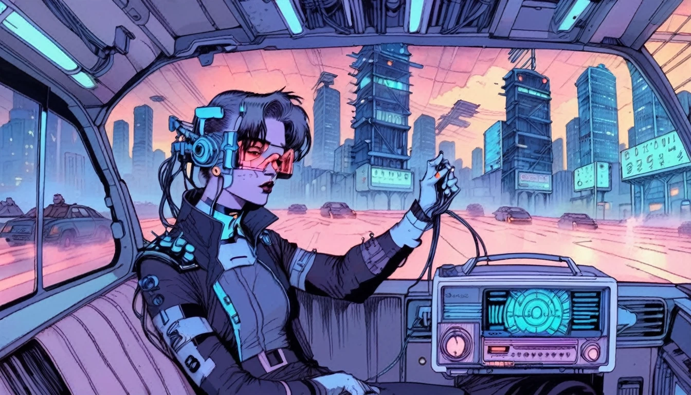 Old CD with a cyberpunk aesthetic. It shows a person with a futuristic and dark look., listening to an old radio in the car. The background is a dystopian city, with neon skyscrapers and gray fog. 
