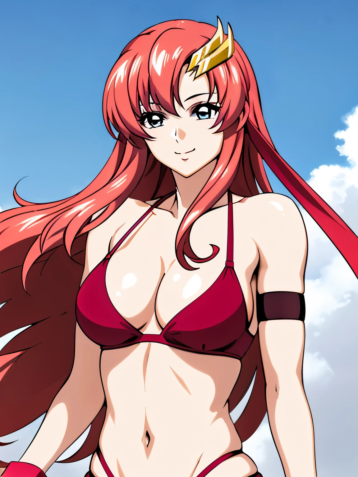 lacus4, (red bikini:1.5), (running, thong, (tall girl:1.5), (biceps:1.1), (upper body:1.5), (hair details:1.7), (face details:1.1), masterpiece, cowboy shot, very slim shoulders, 4K, (Best Quality:1.2), Anime style: 1.9, happy, Adult Woman, (ultra detailed head), (cloud background), Drawing lines, high resolution, lacus4), 1girl, Solo, curvy figure, clavicle, scapular, (missy bangs:1.4), (missy bangs, long hair, Detailed reddish-pink hair, shiny streaks, slim arms), (wristband:1.4), cleavage, large hands, (hair cover shoulders). (Big blue eyes, shiny eyes), ((female wrestler, (slim body), slim arms, thighs)), ((perfect proportions, long belly)), ((totally red bra, leg strap)), (medium-small breasts:0.9), smile with a wink, (standing, hot colors), detailed fingers, (bare shoulder), (windy:1.0)
