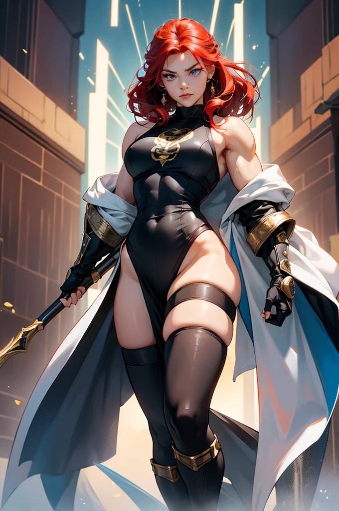 "An imposing, powerful female warrior standing in a dynamic battle-ready pose. She is a mix of Japanese and American heritage, aged 25, with a height of 175 cm. Her muscular, athletic body is on full display, with defined abs, strong thighs, and long, thin legs. She has piercing blue eyes and bright red hair styled in a ponytail. Her glistening skin reflects the light off her metallic green workout gear, which seems almost ready to burst around her huge chest.

Beside her, five middle-aged Valkyrie generals stand tall, each standing at 185 cm, wearing ornately decorated ceremonial medieval armor. These Valkyries, with their large muscular physiques resembling male bodybuilders, feature bulging veins, massive thighs, and thick necks. Their sleeveless armor exposes powerful arms and muscular chests, while metallic ultra-mini skirts and stiletto boots complete their fierce and bold appearance. One wields a massive long sword, embodying strength and majesty.

In the background stands a gigantic telekinetic monster, with a single eye dominating its large body. Surrounded by coiled black barbed wire, this creature uses overwhelming supernatural powers, manipulating gravity up to 300 times. A young white-haired girl with piercing red eyes and black nails stands confidently near the monster, her half-smile hinting at her destructive telekinetic abilities. This scene exudes a sense of battle and confrontation, with powerful figures poised for action."