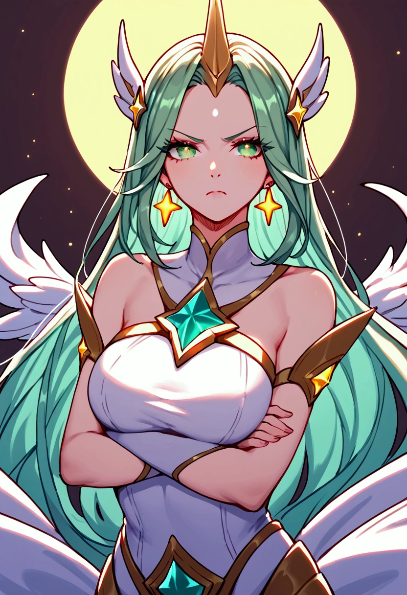 score_9, score_8_up, score_7_up, Soraka Star Guardian (league of legends), 1 girl, green eyes, light green hair, horn on her forehead, wing brooch on the sides of her head, sexy, full body, star guardian dress, squinting eyes, earrings, long eyelashes, sexy, big bust, beautiful face, slightly annoyed, arms crossed