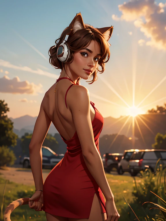 HDR IMAGE, 16K, work of art, cinematic light, ultra realisitic, high definition image, short red ripped dress, On the necklace, looking at the camera, fake cat ears headphones, plein-air, (natta:1.1), panoramic view, realisitic, photo background, realisitic skin texture, detailed back ground, Beautiful and detailed art, ariawm, very young and thin girl, shy smile, perfect flat chest, Light brown bun hair, (Short, shaggy hair:1.1), big brown-eyes, silly girl, summer morning in a small town, pararoro, large lips