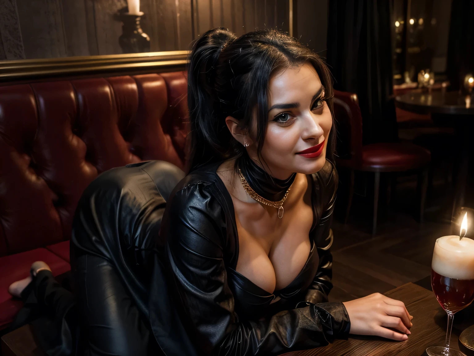 proFessional portrait photograph oF a gorgeous eyes closed Bettie page girl in winter clothing with long wavy Black hair, black long maxi-skirt(black long maxi-skirt:1.2),sultry Flirty look, gorgeous symmetrical Face, joli maquillage naturel, wearing elegant warm winter Fashion clothing, black leather gloves, ((on her knees over the bar of an english pub having hard sex from behind)), ultra realistic, art conceptuel, elegant, Very detailed, complexe, sharp Focus, depth oF Field, F/1. 8, 85mm, (((proFessionally color graded))), bright soFt diFFused light, (volumetric Fog), tendance sur Instagram, hdr 4k, 8K
