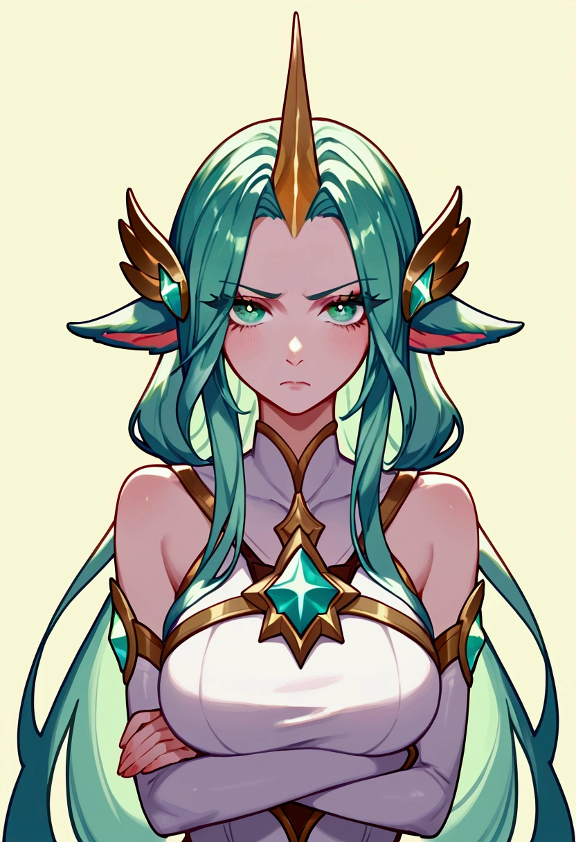 score_9, score_8_up, score_7_up, Soraka Star Guardian (league of legends), 1 girl, green eyes, light green hair, horn on her forehead, wing brooch on the sides of her head, sexy, full body, star guardian dress, squinty eyes, droopy ears, long eyelashes, sexy, big bust, beautiful face, slightly annoyed, arms crossed