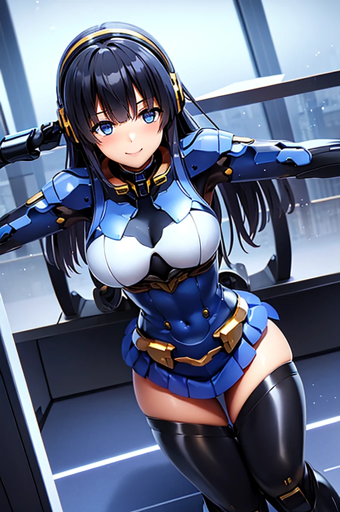 mecha wings、Blue and gold skirt、Thighs、tights、chest、Black Hair、1 girl、solo girl、IS、Frame Arms Girl、income、headphone、smile、idol woman、idol dress