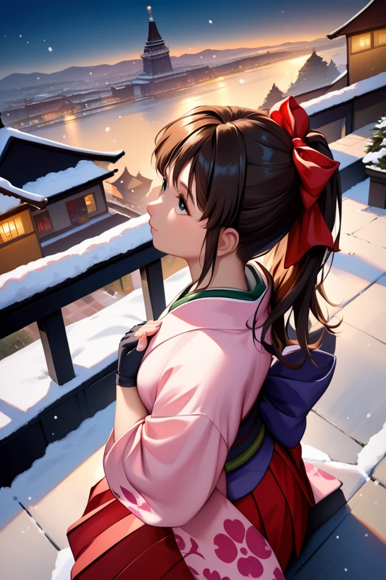 score_9, score_8_up, score_7_up, very aesthetic, source_anime, detailed, high quality, beautiful, masterpiece, detailed eyes,
cityscape, street, snow, night,
own hands together, looking up, from above, close-up,
sakurabase, black hair, hair ribbon, red bow, brown hair, sidelocks, bangs,  ponytail
 japanese clothes, red hakama, pink kimono, meiji girl uniform, purple sash, fingerless gloves, green obijime,, zPDXL