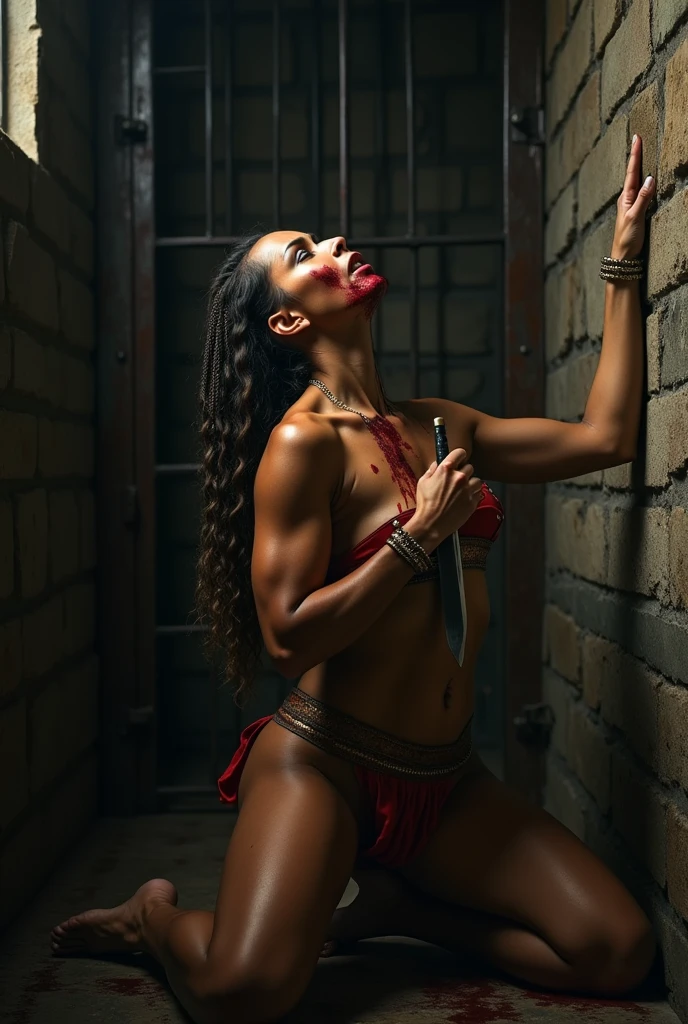a seriously injured amazon warrior, full with blood, on her knees, full body, looking straight ahead, leaning on her sword