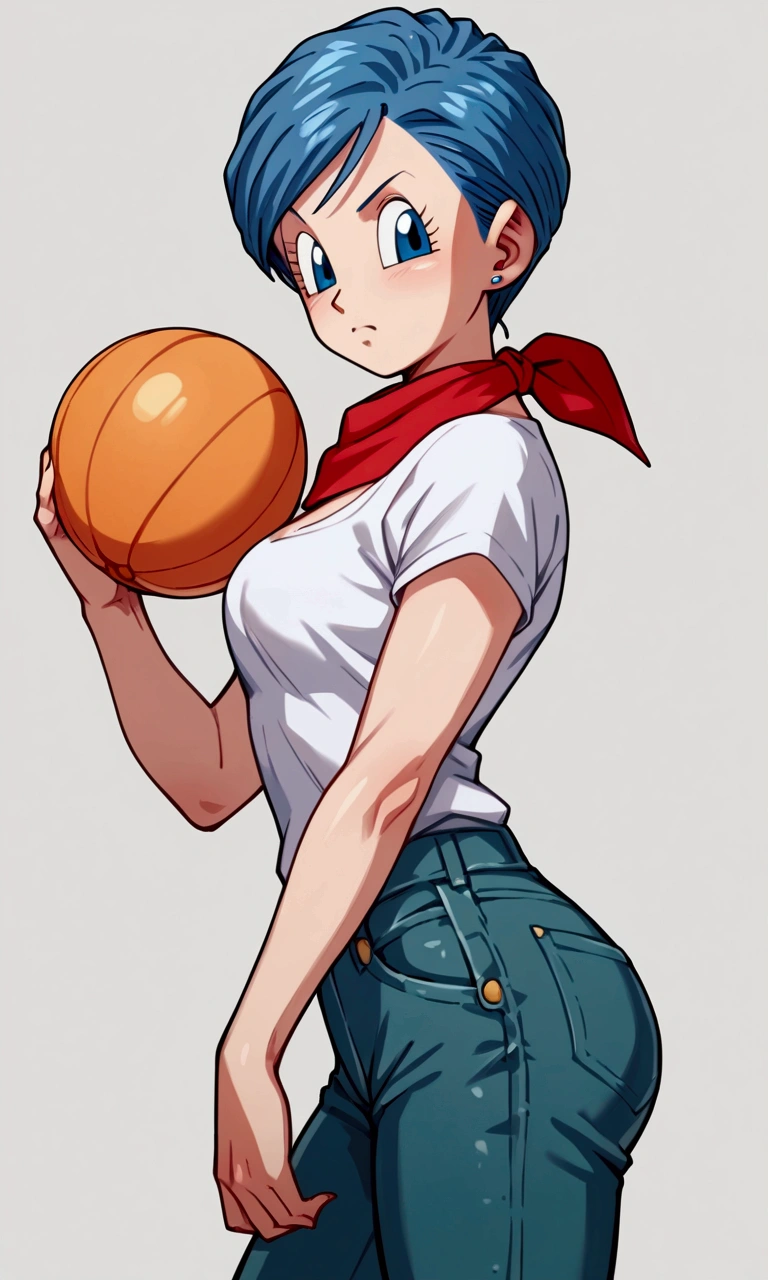 Original style, Bulma, short hair, blue eyes, blue hair, White short-sleeved shirt, jeans, red kerchief around the neck, cowboy boots, (score_9,score_8_up,score_7_up), source_anime,best quality,masterpiece,anime, __PROMPT__ , holding an orange sphere in his hand