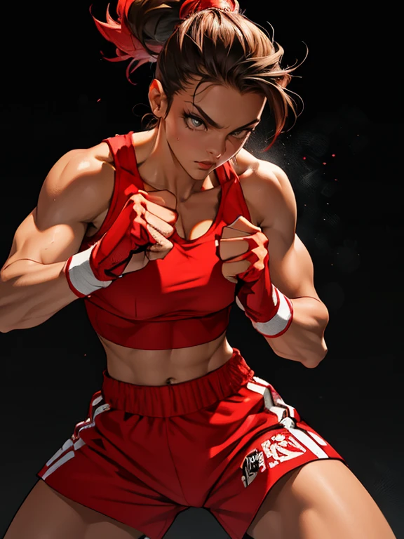 big head cartoon 4d, best qualityer, highy detailed, realisitic, manga style, solid color sleeve, scary and beautiful boxer woman, fist punching the punching bag hard, Big impact, dynamic pose, dynamic composition, natural beautiful, Fit slim body , colorful boxing clothes, Underground boxing club background, shiny colors, skin natural, natural realisitic texture*