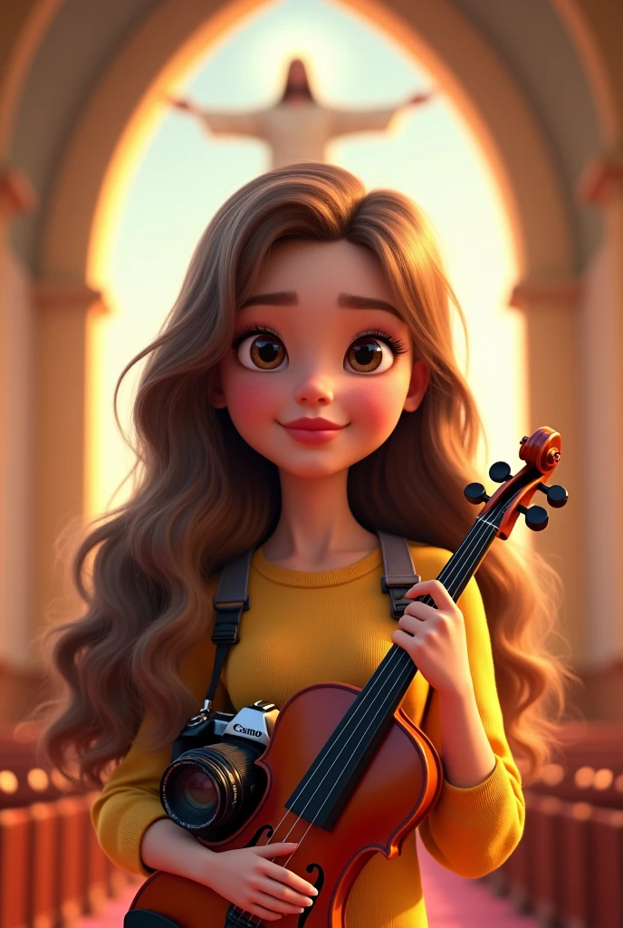 Make a poster of a 3D girl in Disney Pixar style, with long brown hair and blonde highlights, light brown skin, dark brown eyes who is in a church holding a canon camera and a violin and Jesus Christ on the happy background