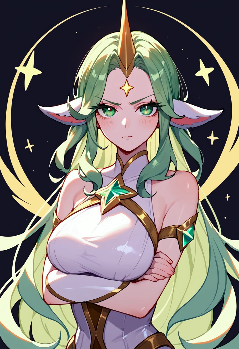 score_9, score_8_up, score_7_up, Soraka Star Guardian (league of legends), 1 girl, green eyes, light green hair, horn on her forehead, wing brooch on the sides of her head, sexy, full body, star guardian dress, squinty eyes, droopy ears, long eyelashes, sexy, big bust, beautiful face, slightly annoyed, arms crossed, bangs