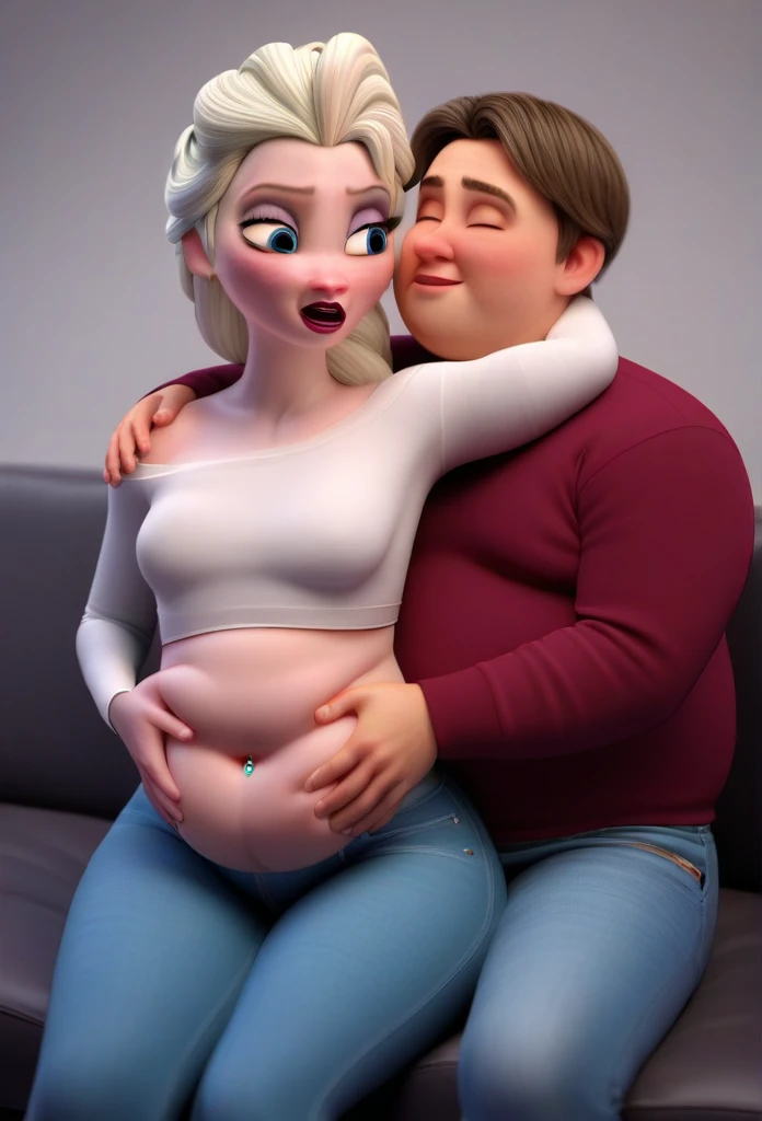 (( 3D, a slim and short Man,a Man pinching elsa's cheeks,A Man pinching and  touching Elsa's Belly )) ,Tall ,slim faced Surprised Elsa,literally gained a plump belly,Trying to wear jeans but they don't fit because she gained put on weight,fullbodyimage,Raised Eyebrows, Plump body,The button on the jeans does not close because of her belly,navel button piercing, Pudgy Belly,sit on the couch,Red Lips,jeans button popping,triangle body shaped,a man touching her belly behind her