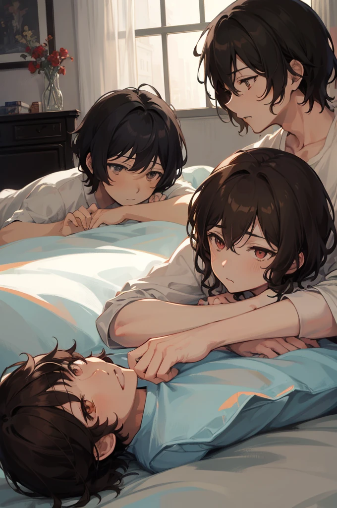 (masterpiece),best quality, expressive eyes, perfect face, 1boy, handsome, Osamu Dazai, Dark brown hair, brown eyes, Bungo Stray dogs, boy, lora, laying down,bedroom, bed, shy