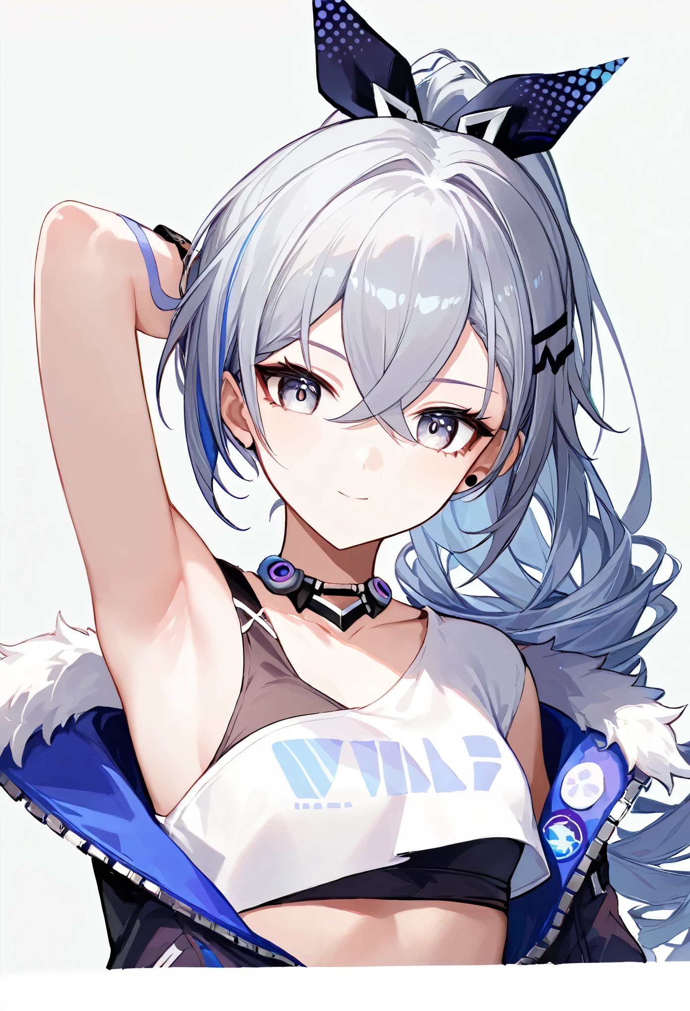 score_9, score_8_up, score_7_up,source_anime, high res image,masterpiece,best quality,girl,cute face,clear skin,simple_background,silver_wolf_honkai,armpit,