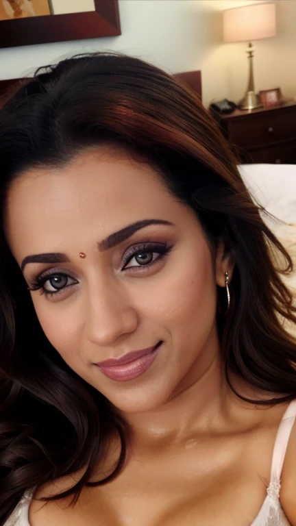 closeup body photo of trisha,lying in bed, HD, 4K, high resolution, lingerie,trisha krishnan exact face,in bedroom@, trks woman,((long face)),30 year old, hindu, sexy, hindu woman,in bikini showing cleavage and navel ,make up,happy eyes, sexy face, masterpiece, swoopimg breasts, sexy navel, happy face , sexy, beautiful eyes, selfie style